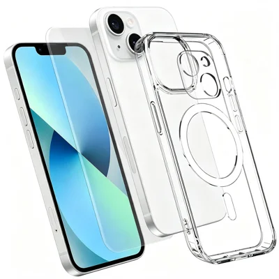  For iPhone 13 Magnetic Case TPU + PC Clear Phone Cover with High Aluminium-silicon Glass Screen Protector + Tempered Glass Lens Protector - Transparent