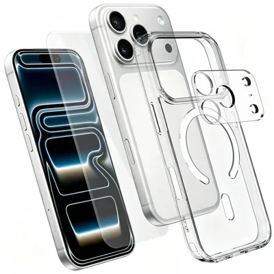  For iPhone 17 Pro Max Magnetic Case TPU + PC Clear Phone Cover with High Aluminium-silicon Glass Screen Protector + Tempered Glass Lens Protector - Transparent