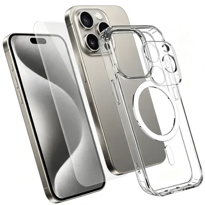  Étui magnétique pour iPhone 15 Pro Max, coque transparente en TPU + PC avec protecteur d'écran en verre aluminosilicate haute résistance + protecteur de lentille en verre trempé - Transparent
