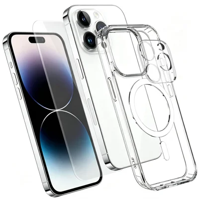 Pour iPhone 14 Pro Max Coque Magnétique TPU + PC Transparente avec Protecteur d'Écran en Verre Aluminosilicate Haute Résistance + Protecteur d'Objectif en Verre Trempé - Transparent