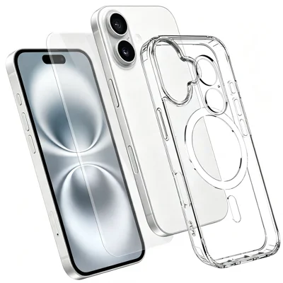  For iPhone 16 Magnetic Case TPU + PC Clear Phone Cover with High Aluminium-silicon Glass Screen Protector + Tempered Glass Lens Protector - Transparent