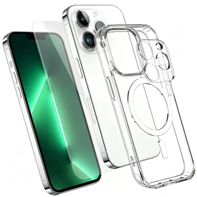  For iPhone 13 Pro Magnetic Case TPU + PC Clear Phone Cover with High Aluminium-silicon Glass Screen Protector + Tempered Glass Lens Protector - Transparent