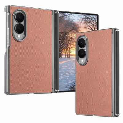 For Samsung Galaxy Z Fold8 Magnetic Phone Case Grid Texture PU Leather Cover with Dual Mid Axis Protection - Taupe Brown