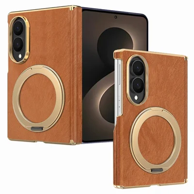 For Samsung Galaxy Z Fold8 Case Magnetic Kickstand Dual-Axis Hinge Protection Velvet Texture Leather + PC Phone Cover - Brown