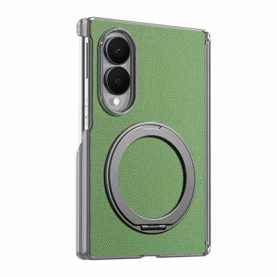 For Samsung Galaxy Z Fold8 Magnetic Phone Case Fine Grid Texture Leather Cover with 360 Rotating Ring Holder - Green