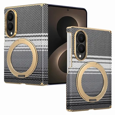 Capa Magnética para Samsung Galaxy Z Fold8 com Anel e Suporte de Dobradiça em Couro Eletrodepositado + PC - Preto