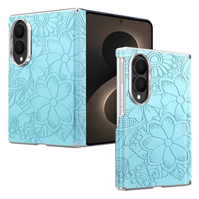 Coque magnétique pour Samsung Galaxy Z Fold8, motif floral en relief, électrodéposée, double axe, anti-chute - Bleu