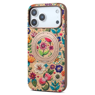 DENIOR A30 pour iPhone 18 Pro / 17 Pro Étui Magnétique avec Anneau Pivotant Support Fleurs Ethniques Brodées en Cuir TPU PC - Rose