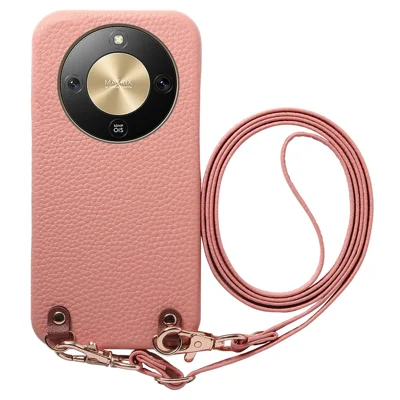 Coque avec cordon pour Honor X70 5G / X9d 5G / Magic8 Lite 5G, motif en cuir effet litchi, housse résistante aux chocs en cuir PU et PC - Rose