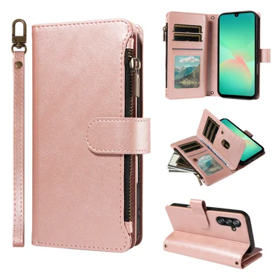  For Samsung Galaxy A18 5G / Galaxy A17 5G / Galaxy A17 4G / Galaxy A26 5G / Galaxy A18 4G Leather Case 9 Card Slots Zipper Pocket Phone Cover with Wrist Strap - Rose Gold
