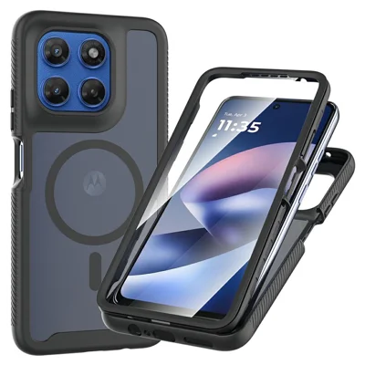 For Motorola Moto G37 5G Magnetic Phone Case 3 in 1 Translucent Skin Touch PC TPU Back Cover with PET Screen Film - Black