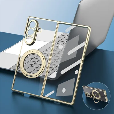 For Samsung Galaxy Z Fold8 Ultra Case Rotating Magnetic Kickstand Clear PC Phone Cover with Tempered Glass Screen Protector - Gold