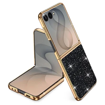 For Samsung Galaxy Z Flip8 Case Leather + PC Electroplating Glitter Phone Cover - Black