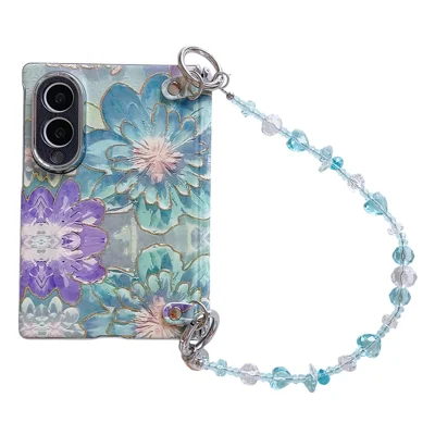 For Samsung Galaxy Z Fold8 Case Oil Painting Floral Phone Cover with Detachable Crystal Beaded Hand Strap - Green