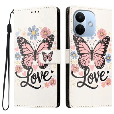 For Xiaomi Redmi Note 17 Pro 5G Case Pattern Printed PU Leather Flip Wallet Phone Cover with Wrist Strap - Pink Butterfly