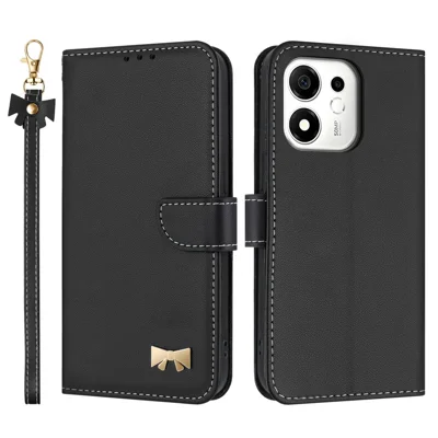 For Honor 600 Smart 5G / X7e Plus 5G Case Bowknot Decor Wallet Leather Phone Cover with Wrist Strap - Black