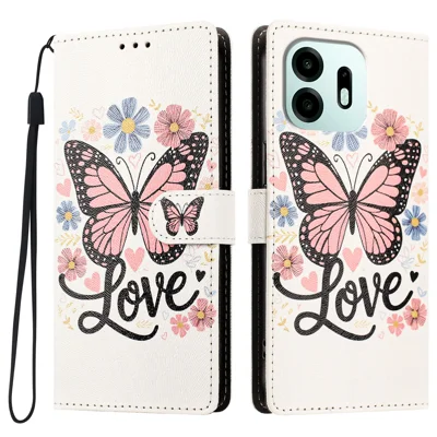 Voor OnePlus N6 4G Hoesje Patroon Geprint PU Leren Flip Portemonnee Telefoonhoesje met Polsbandje - Roze Vlinder