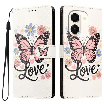  For Honor Play 80 Plus 5G / Honor X7e 4G Case Pattern Printed PU Leather Flip Wallet Phone Cover with Wrist Strap - Pink Butterfly