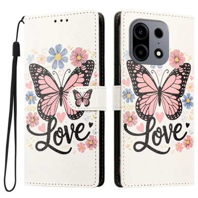 Étui pour OnePlus Turbo 6X Pro 5G, étui portefeuille à rabat en cuir PU imprimé motif papillon rose avec dragonne - Papillon rose