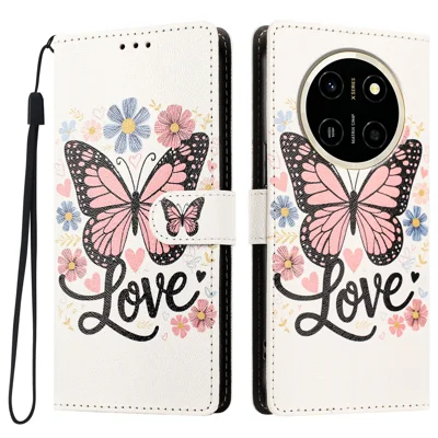 Etui na Honor X80 Pro Max 5G, wzór nadrukowany, etui skórzane PU z funkcją portfela i paskiem na nadgarstek - różowy motyl