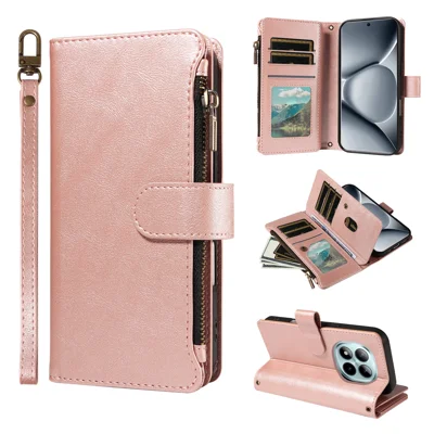  For Xiaomi Poco M8 Pro 5G / Xiaomi Redmi Note 15 Pro+ 5G (Global) Leather Case 9 Card Slots Zipper Pocket Phone Cover with Wrist Strap - Rose Gold