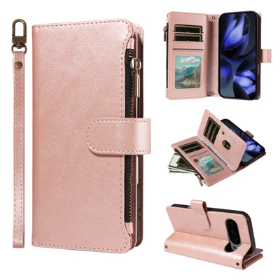  For Google Pixel 10 Pro Leather Case 9 Card Slots Zipper Pocket Phone Cover with Wrist Strap - Rose Gold