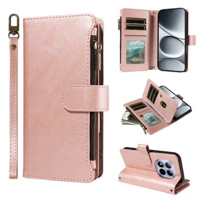 For Xiaomi Redmi Note 15 Pro 5G (Global) Leather Case 9 Card Slots Zipper Pocket Phone Cover with Wrist Strap - Rose Gold
