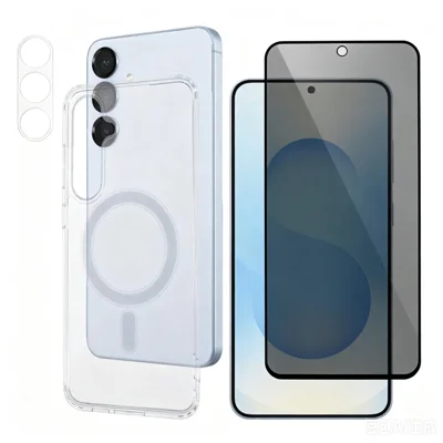  For Samsung Galaxy A55 5G 3 in1  Magnetic Case TPU + Acrylic Phone Cover with 180° Anti-Spy Screen Film + Clear Lens Film - Black