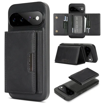  For Google Pixel 11 Magnetic Case Tri-fold Card Bag Kickstand PU Leather Coated TPU Cover - Black