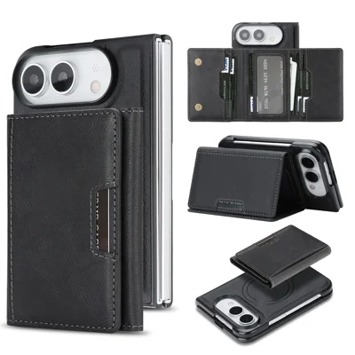 Magnetisk etui för iPhone Fold med trippelflik, kortficka, ställfot, PU-läder med TPU-beklädnad - Svart