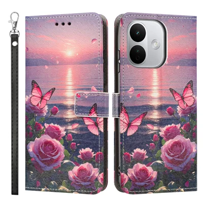  For Xiaomi Redmi Note 17 Pro 5G Case Pattern Printing PU Leather Flip Wallet Phone Cover with Wrist Strap - Rose Butterfly