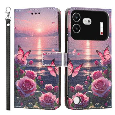 För Nothing Phone (4b) hölster Mönstertryckt PU-läder vikbart plånbetshölster med handledsband - Rosa fjäril
