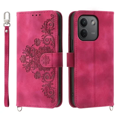 For Xiaomi Redmi Note 17 Pro Max 5G Wallet Case Flower Pattern PU Leather Phone Cover with Strap - Wine Red