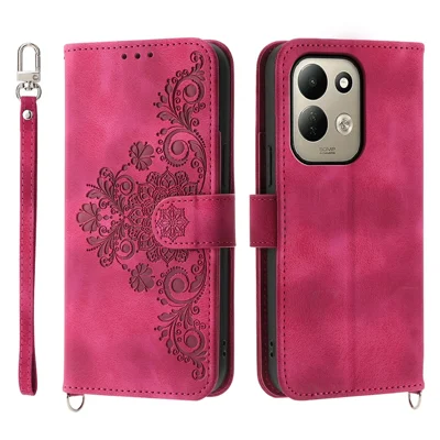 For Xiaomi Poco C95 Pro Wallet Case Flower Pattern PU Leather Phone Cover with Strap - Wine Red
