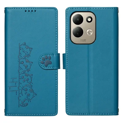 For Xiaomi Poco C95 Pro Case Adorable Cat Pattern PU Leather Wallet Phone Cover with Wrist Strap - Blue