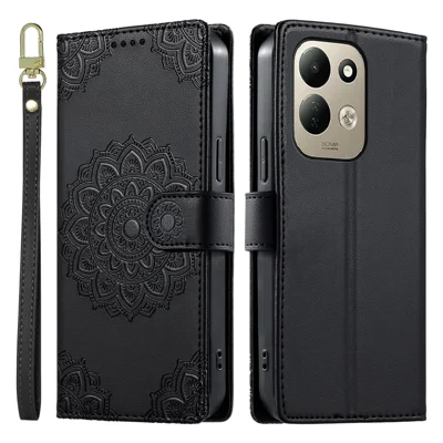 For Xiaomi Poco C95 Pro Case Embossed Totem Leather Flip Wallet Phone Cover with Wrist Strap - Black