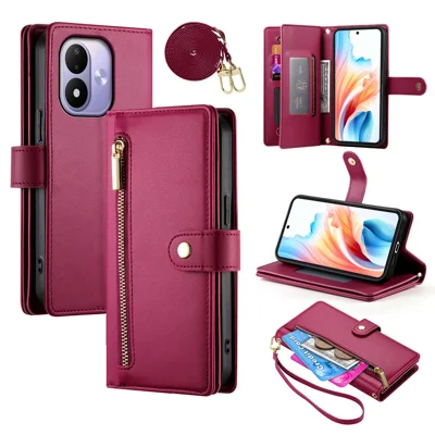 Voor Xiaomi Redmi Note 17 4G Leren Hoesje met Ritsvak Portemonnee Telefoonhoesje met Riemen - Rood