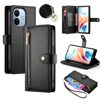 Voor Xiaomi Redmi Note 17 Pro 5G Leren Hoesje met Ritsvak Portefeuille Telefoonhoes met Riemen - Zwart