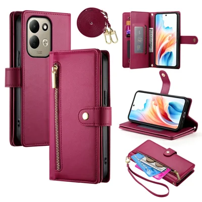 For Xiaomi Poco C95 Pro Leather Case Zipper Pocket Wallet Phone Cover with Straps - Red