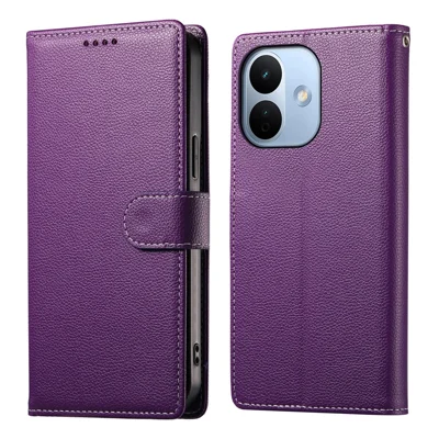 For Xiaomi Redmi Note 17 Pro 5G Case Magnetic Snap Litchi Texture Leather Wallet Phone Cover with Wrist Strap - Purple