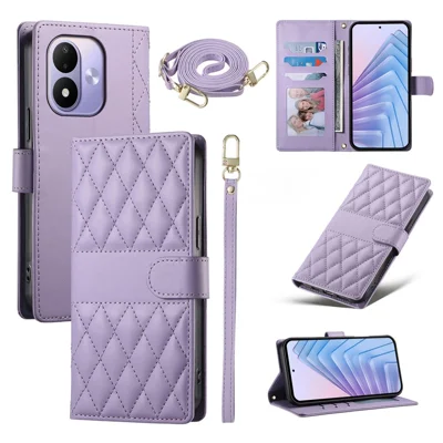 Portemonnee Hoesje voor Xiaomi Redmi Note 17 4G met Ruitvormige Steekdesign Stand Lederen Telefoonhoes met Lange / Korte Band - Paars