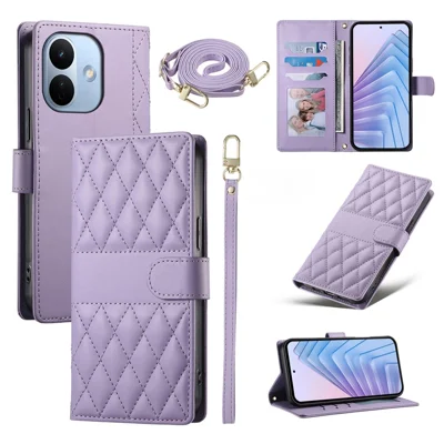 Portemonnee Hoesje voor Xiaomi Redmi Note 17 Pro 5G met Ruitvormige Steekdesign, Standfunctie, Lederen Telefoonhoes met Lange / Korte Band - Paars