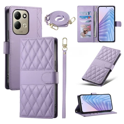 For Xiaomi Poco C95 Pro Wallet Case Rhombus Stitching Stand Leather Phone Cover with Long  /  Short Strap - Purple