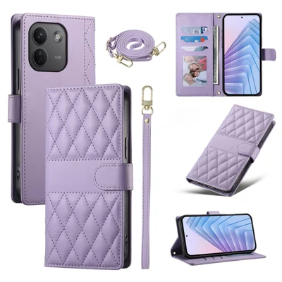 Cover portafoglio per Xiaomi Redmi Note 17 Pro Max 5G, custodia con stand in pelle con cuciture a rombo, con cinghia lunga/corta - Viola