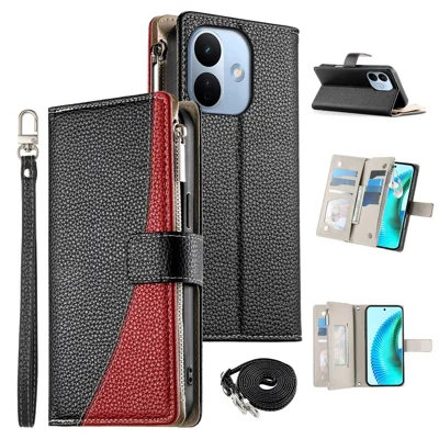 Leer hoesje met ritsportemonnee en kleurcombinatie voor Xiaomi Redmi Note 17 Pro Max 5G met draagkoord - Zwart