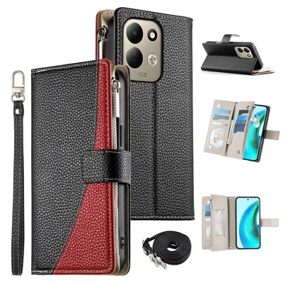 For Xiaomi Poco C95 Pro Leather Case Zipper Wallet Color Splicing Flip Phone Cover with Straps - Black