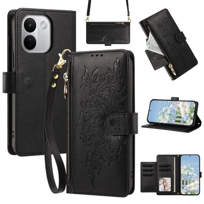 For Xiaomi Redmi Note 17 Pro+ 5G Case PU Leather Butterfly Floral Zippered Wallet Phone Cover with Wrist Strap / houlder Strap - Black