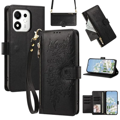 For Honor 600 Smart 5G / X7e Plus 5G Case PU Leather Butterfly Floral Zippered Wallet Phone Cover with Wrist Strap / Shoulder Strap - Black