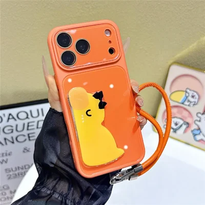 For iPhone 18 Pro / 17 Pro Case Cute 3D Animal Kickstand TPU + PC Phone Cover with Integrated Camera Lens Protector and Lanyard - Vibrant Orange