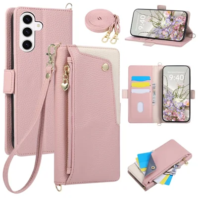 For Samsung Galaxy A36 5G  /  A56 5G  /  A27 5G  /  A37 5G Case with Wrist Strap and Shoulder Strap Dual Color Zipper Pocket Wallet Leather Phone Cover - Pink
